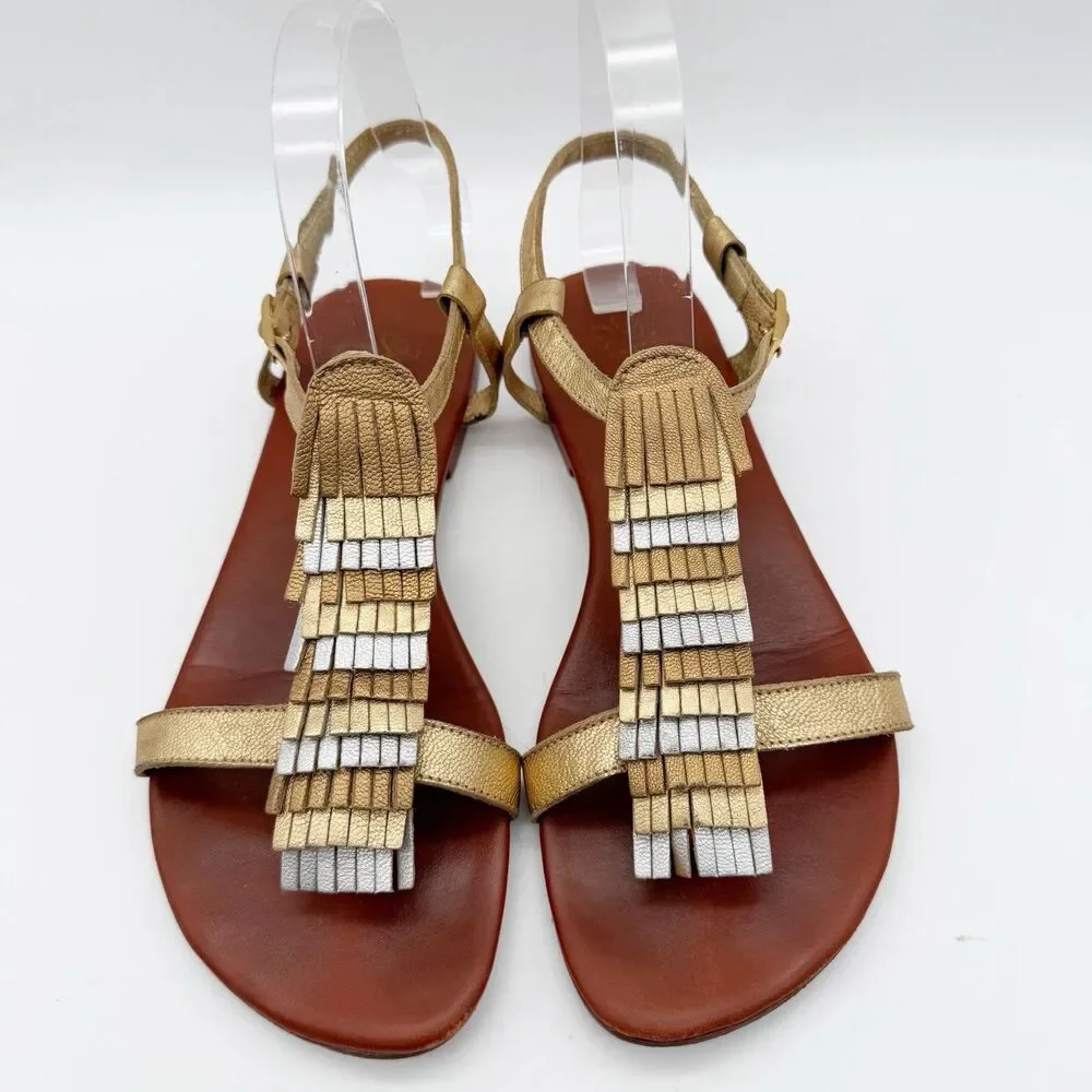 Matt Bernson Gold Silver Metallic Fringe Leather Ankle Strap Flat Sandals US 8